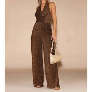 Minimalist Metallic Draped Neck Wide Leg Jumpsuit